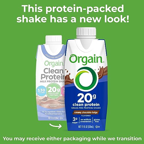 Orgain Clean Protein Shake, Grass Fed Dairy, Creamy Chocolate Fudge - 20g Whey Protein, Meal Replacement, Ready to Drink, Gluten Free, Soy Free, Kosher, 11 Fl Oz (Pack of 12) (Packaging May Vary)