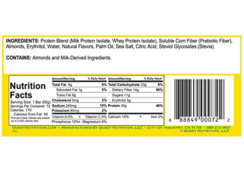 Quest Nutrition Protein Bar, Lemon Cream Pie, 20g Protein, 4g Net Carbs, 170 Cals, Low Carb, Gluten Free, Soy Free, 2.12oz Bar, 12 Count, Packaging May Vary