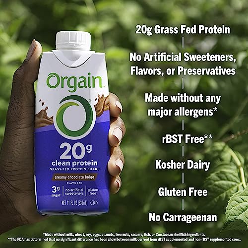 Orgain Clean Protein Shake, Grass Fed Dairy, Creamy Chocolate Fudge - 20g Whey Protein, Meal Replacement, Ready to Drink, Gluten Free, Soy Free, Kosher, 11 Fl Oz (Pack of 12) (Packaging May Vary)