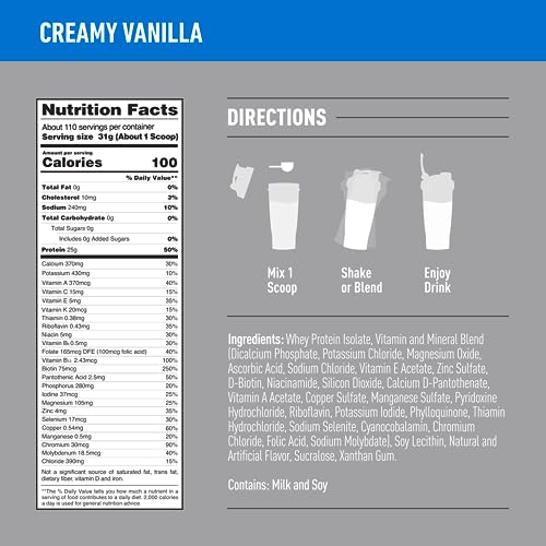 Isopure Protein Powder, Zero Carb Whey Isolate, Gluten Free, Lactose Free, 25g Protein, Keto Friendly, Creamy Vanilla, 110 Servings, 7.5 Pound (Packaging May Vary)