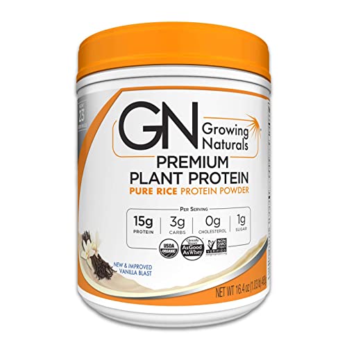 Growing Naturals | Vanilla Rice Powder 15g Plant Protein | 2.8G BCAA, Low-Carb, Low-Sugar, Non-GMO, Vegan, Gluten-Free, Keto & Food Allergy Friendly | Vanilla Blast (1 Pound (Pack of 1))