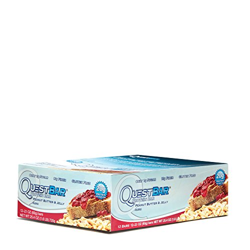 Quest Nutrition Protein Bar, Peanut Butter & Jelly, 20g Protein, 5g Net Carbs, 190 Cals, Low Carb, Gluten Free, Soy Free, 2.12oz Bar, 12 Count, Packaging May Vary
