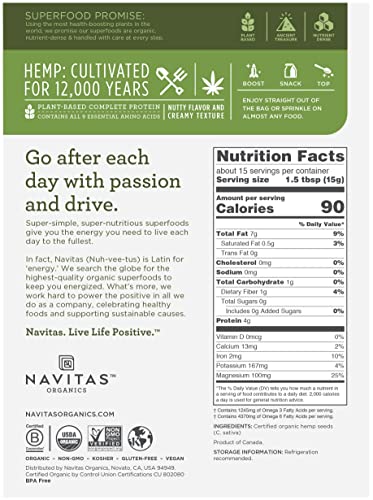 Navitas Organics Organic Raw Hemp Seeds Bag, 15 Servings — Organic, Non-GMO, Low Temp-Hulled, Gluten-Free, 8 Ounce (Pack of 1)