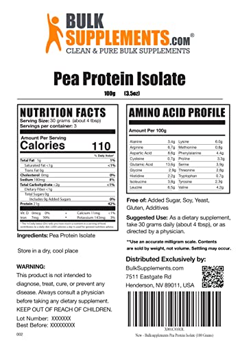 BULKSUPPLEMENTS.COM Pea Protein Isolate Powder - Unflavored, No Sugar Added, Plant Based Protein Powder - Vegetarian & Vegan, 21g of Protein - 30g per Serving (100 Grams - 3.5 oz)