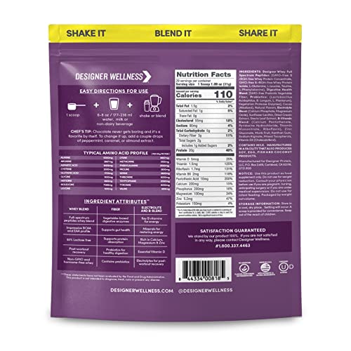 Designer Wellness, Designer Whey, Natural Protein Powder with Probiotics, Fiber, and Key B-Vitamins for Energy, Gluten-Free & Kosher, Double Chocolate, 2 lb