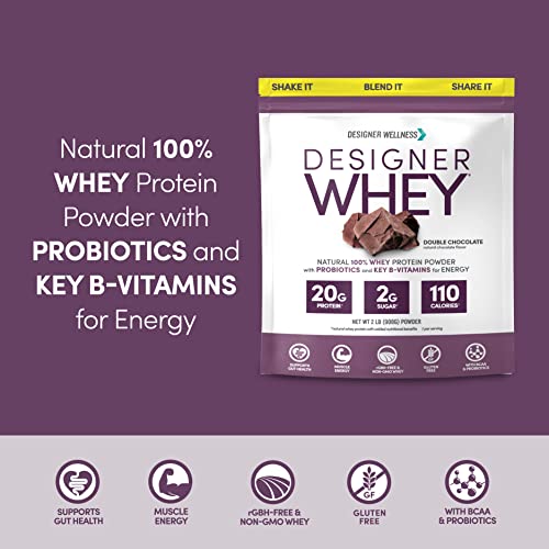 Designer Wellness, Designer Whey, Natural Protein Powder with Probiotics, Fiber, and Key B-Vitamins for Energy, Gluten-Free & Kosher, Double Chocolate, 2 lb