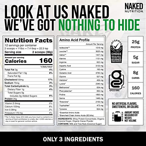 Naked Whey 1LB - All Natural Grass Fed Whey Protein Powder, Organic Chocolate, and Coconut Sugar - No GMO, No Soy, and Gluten Free, Aid Growth and Recovery - 12 Servings