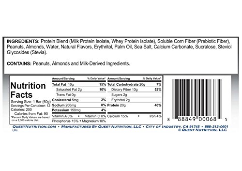 Quest Nutrition Protein Bar, Peanut Butter & Jelly, 20g Protein, 5g Net Carbs, 190 Cals, Low Carb, Gluten Free, Soy Free, 2.12oz Bar, 12 Count, Packaging May Vary