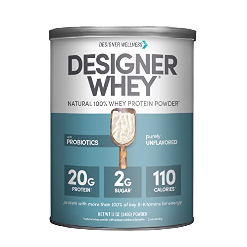 Designer Wellness Designer Whey Natural 100% Whey Protein Powder with Probiotics , Fiber, and Key B-Vitamins for Energy, Gluten-free, Non-GMO, Purely Unflavored 12 oz
