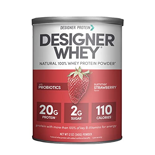Designer Wellness Designer Whey Natural 100% Whey Protein Powder with Probiotics, Fiber, and Key B-Vitamins for Energy, Gluten-free, Non-GMO, Summer Strawberry 12 oz