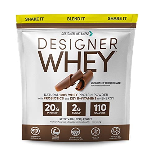 Designer Wellness, Designer Whey, Natural Protein Powder with Probiotics, Fiber, and Key B-Vitamins for Energy, Gluten-Free, Gourmet Chocolate 4 lb