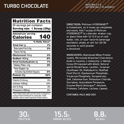 Optimum Nutrition Platinum Hydrowhey Protein Powder, 100% Hydrolyzed Whey Protein Isolate Powder, Flavor: Turbo Chocolate, 1.75 Pounds