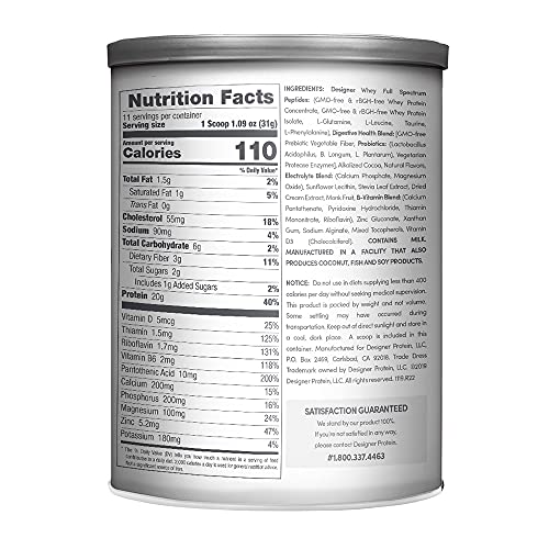 Designer Wellness Designer Whey Natural 100% Whey Protein Powder with Probiotics , Fiber, and Key B-Vitamins for Energy, Gluten-free, Non-GMO, Gourmet Chocolate 12 oz