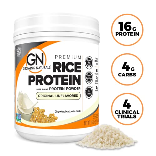 Growing Naturals | Original Rice Powder 15g Plant Protein | 2.8G BCAA, Low-Carb, Low-Sugar, Non-GMO, Vegan, Gluten-Free, Keto & Food Allergy Friendly | Original (1 Pound (Pack of 1))
