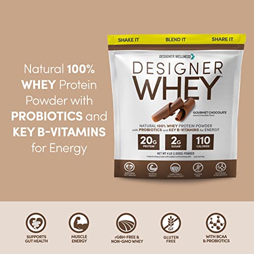 Designer Wellness, Designer Whey, Natural Protein Powder with Probiotics, Fiber, and Key B-Vitamins for Energy, Gluten-Free, Gourmet Chocolate 4 lb