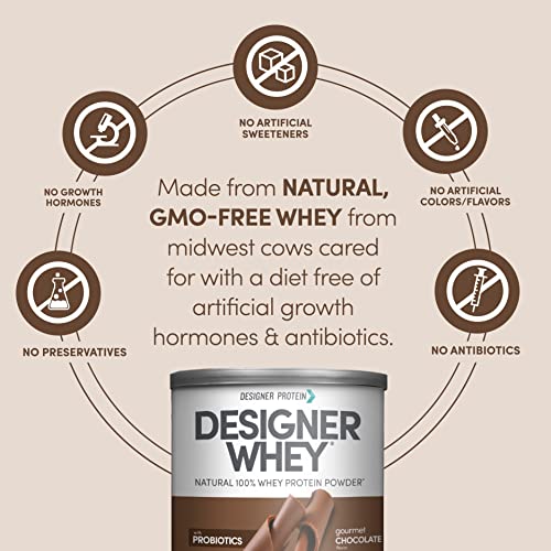 Designer Wellness Designer Whey Natural 100% Whey Protein Powder with Probiotics , Fiber, and Key B-Vitamins for Energy, Gluten-free, Non-GMO, Gourmet Chocolate 12 oz