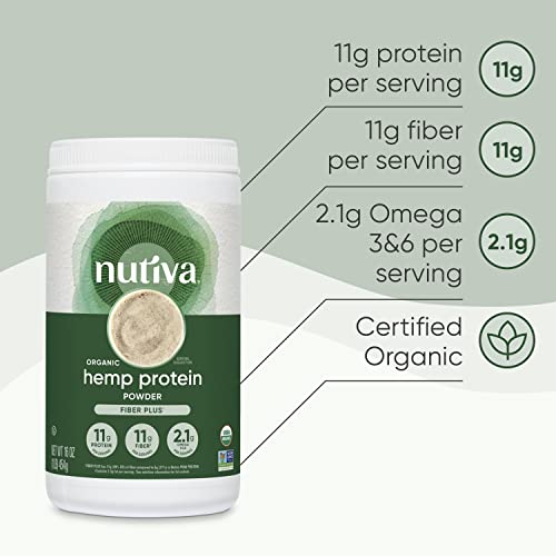 Nutiva USDA Organic Cold-Pressed Raw Hemp Seed Plant Protein with Hi-Fiber and Essential Amino Acids Powder, Non-GMO, Whole 30 Approved, Vegan, Gluten-Free & Keto, 16 Ounce