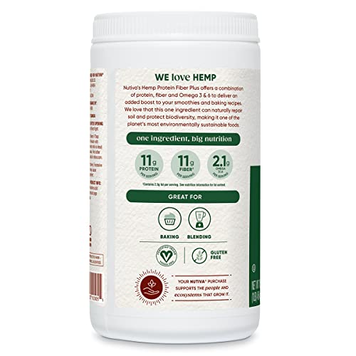 Nutiva USDA Organic Cold-Pressed Raw Hemp Seed Plant Protein with Hi-Fiber and Essential Amino Acids Powder, Non-GMO, Whole 30 Approved, Vegan, Gluten-Free & Keto, 16 Ounce