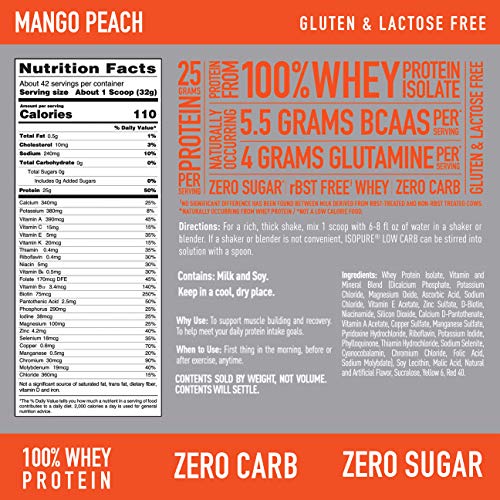 Isopure Whey Isolate Protein Powder with Vitamin C & Zinc for Immune Support, 25g Protein, Zero Carb & Keto Friendly, Flavor: Mango Peach, 3 Pounds (Packaging May Vary)