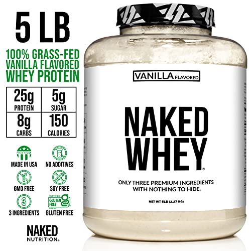 NAKED nutrition Naked Whey Vanilla Protein - All Natural Grass Fed Whey Protein Powder + Vanilla + Coconut Sugar- 5Lb Bulk, GMO-Free, Soy Free, Gluten Free. Aid Muscle Recovery - 61 Servings