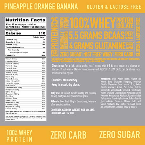 Isopure Whey Isolate Protein Powder with Vitamin C & Zinc for Immune Support, 25g Protein, Zero Carb & Keto Friendly, Flavor: Pineapple Orange Banana, 3 Pounds (Packaging May Vary)