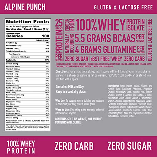 Isopure Whey Isolate Protein Powder with Vitamin C & Zinc for Immune Support, 25g Protein, Zero Carb & Keto Friendly, Flavor: Alpine Punch, 3 Pounds (Packaging May Vary)