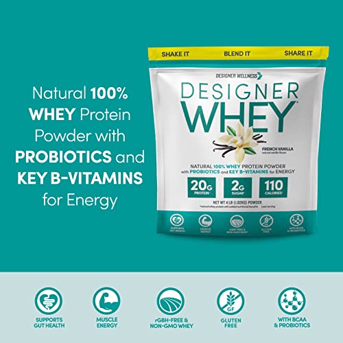 Designer Wellness Designer Whey Natural 100% Whey Protein Powder with Probiotics, Fiber, and Key B-Vitamins for Energy, Gluten-free, Non-GMO, French Vanilla ,4 lb