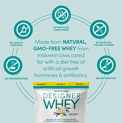 Designer Wellness Designer Whey Natural 100% Whey Protein Powder with Probiotics, Fiber, and Key B-Vitamins for Energy, Gluten-free, Non-GMO, French Vanilla ,4 lb