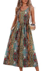 Teal Boho Floral Midi Dress for Women