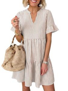 Caracilia Summer Striped Mini Beach Dress with Pockets