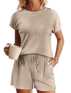 Ekouaer Women's Ribbed Knit Pajama Set