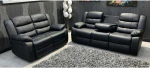 Black Leather Recliner Sofa with Cupholders