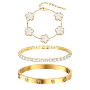 18K Gold Plated Floral Stackable Bracelet Set
