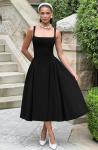 Elegant Black Square Neck A-Line Midi Dress