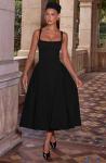 Elegant Black Square Neck A-Line Midi Dress