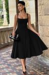 Elegant Black Square Neck A-Line Midi Dress