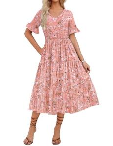 Pink Floral Boho Midi Dress with Ruffle Sleeves