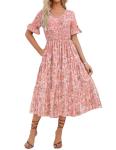 Pink Floral Boho Midi Dress with Ruffle Sleeves
