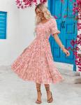 Pink Floral Boho Midi Dress with Ruffle Sleeves