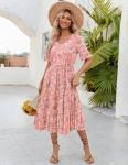 Pink Floral Boho Midi Dress with Ruffle Sleeves