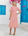 Pink Floral Boho Midi Dress with Ruffle Sleeves