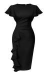 Vintage Black Ruffle Sleeve Bodycon Midi Dress