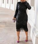 Elegant Black Sequin Long Sleeve Bodycon Dress