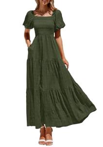 Women's Summer Puff Sleeve Maxi Dress - Army Green