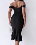 Chic Black Midi Dress with Pearl Straps