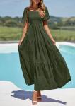 Women's Summer Puff Sleeve Maxi Dress - Army Green