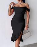 Chic Black Midi Dress with Pearl Straps