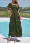 Women's Summer Puff Sleeve Maxi Dress - Army Green