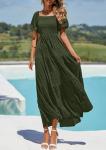 Women's Summer Puff Sleeve Maxi Dress - Army Green
