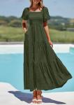 Women's Summer Puff Sleeve Maxi Dress - Army Green